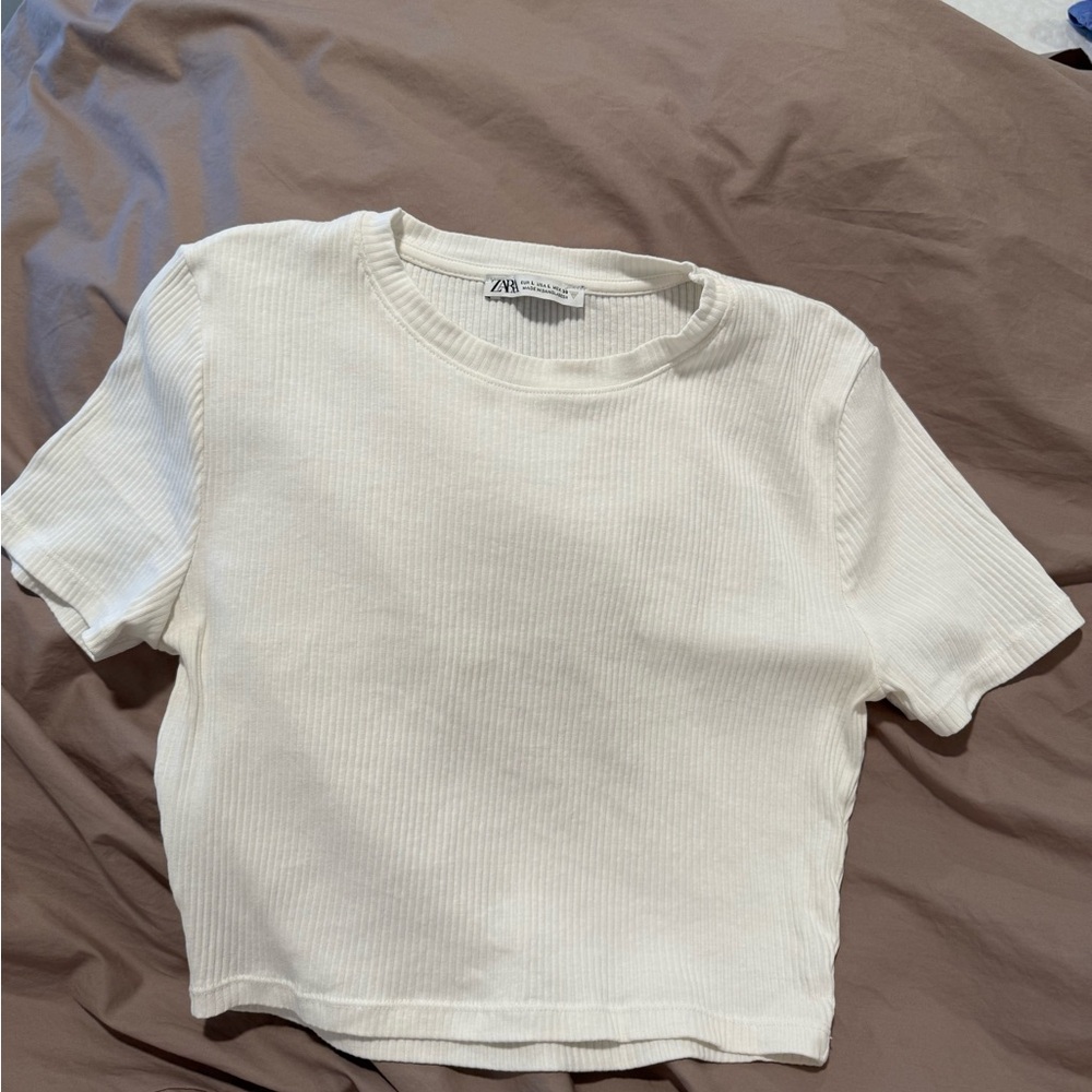 White Ribbed Zara Crop Tee Shirt